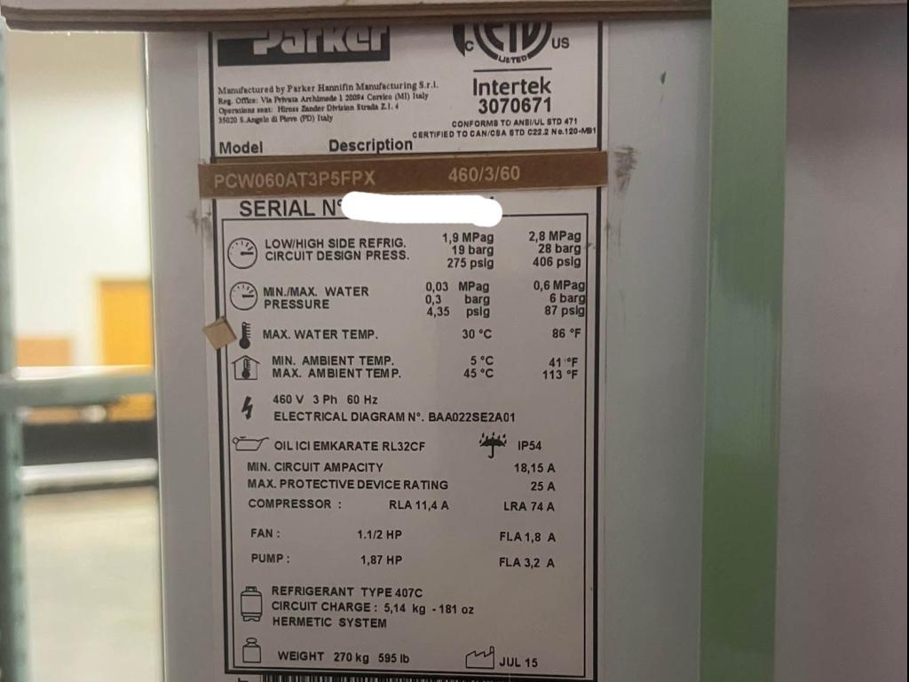 2015 Inca Parker Chiller PCW060 